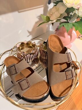 Men's Double Buckle Taupe Slide Sandals